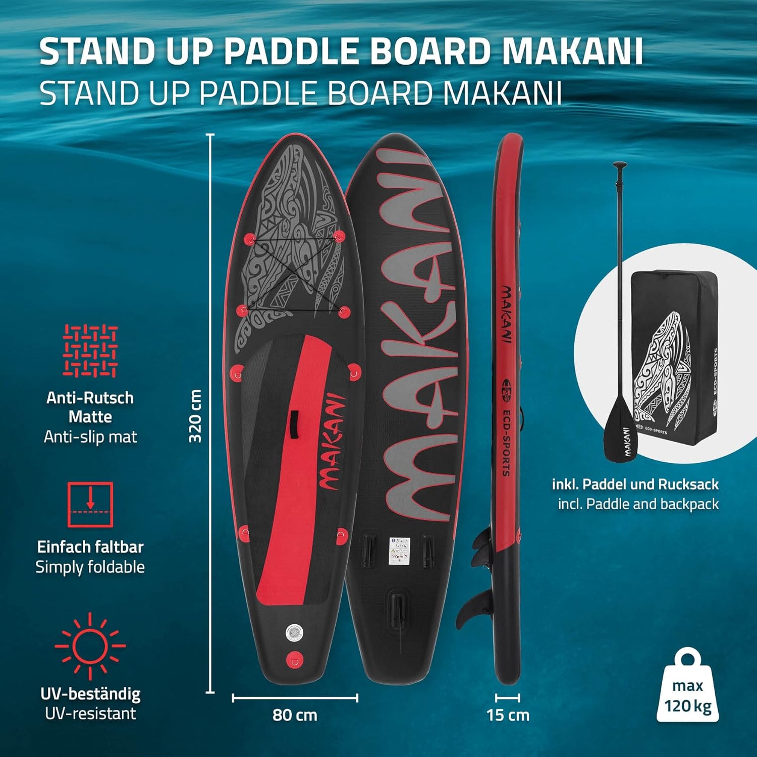 etezen - Stand Up Paddle Board - 305/308/320/380 cm - PVC, 120/150 kg, 10/15 cm d'épaisseur