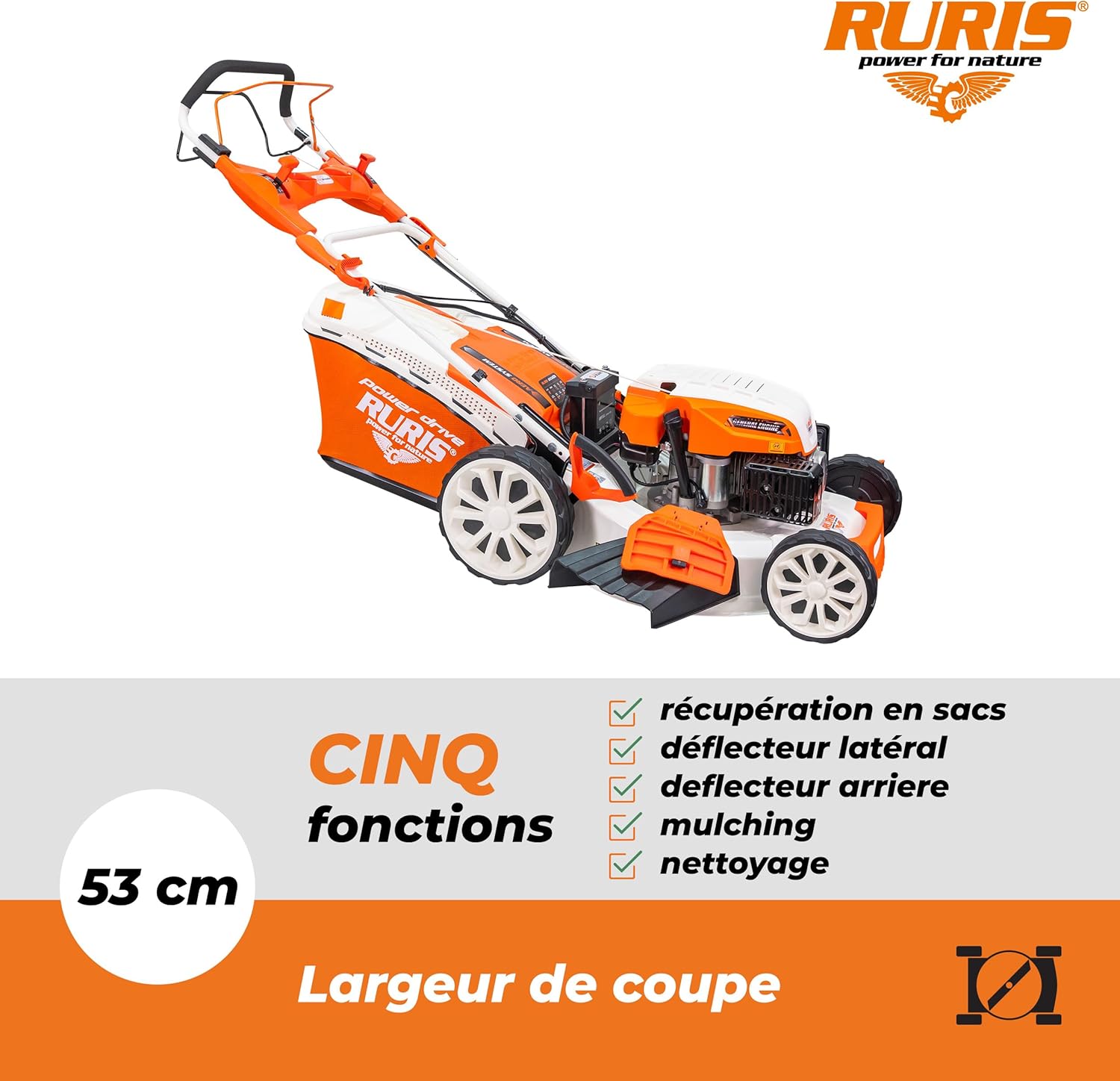etezen Tondeuse à Gazon Thermique 5 en 1 Mulching 5,7 CV 196cc RX500S, Orange
