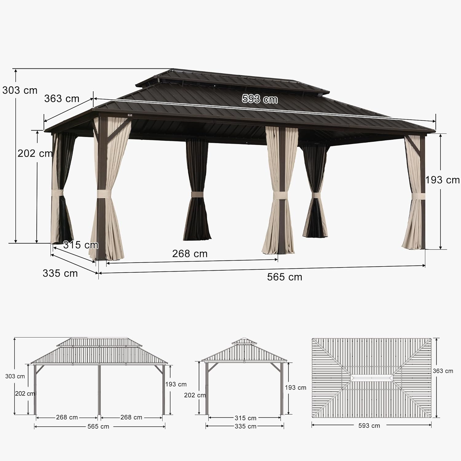 etezen - pergola double toit rigide 6x3,65m, aluminium, guirlande, rideaux