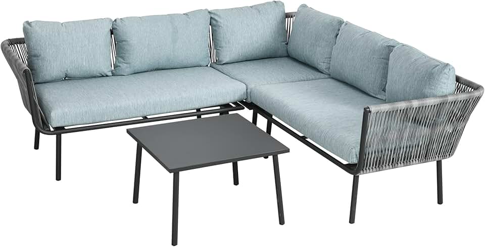etezen - Salon de jardin d'angle résine tressée 4 places - alu, coussins inclus, gris
