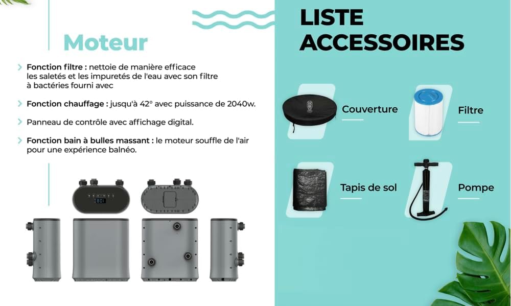 etezen Bali Spa Gonflable - 150 cm de diamètre - 800 litres - Moteur 2240 W - 2 à 4 Personnes - Massage 140 Jets