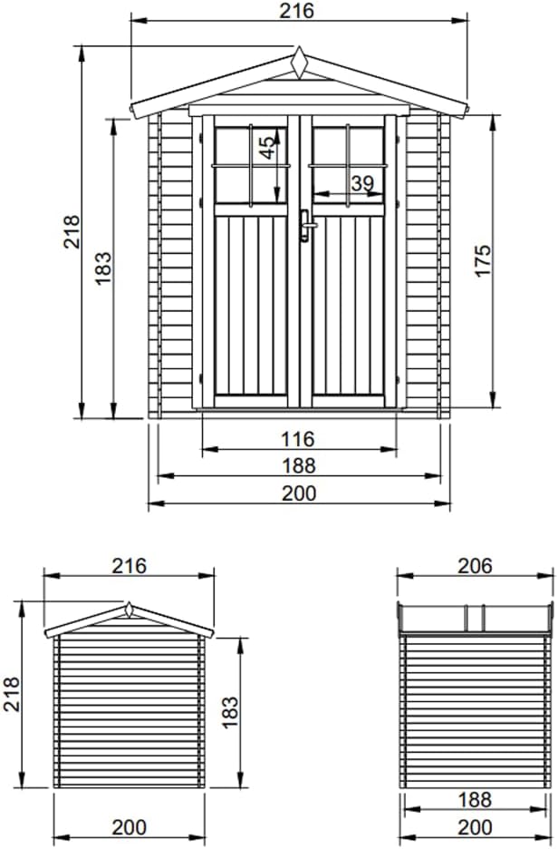 Abri de Jardin en Bois avec Sol TRAITÉ Porte verrouillable de Haute qualité - Stockage extérieur I216xL206xH218 cm/ 3.53 m2 - Toit imperméable, fenêtres etezen M343F+M343G