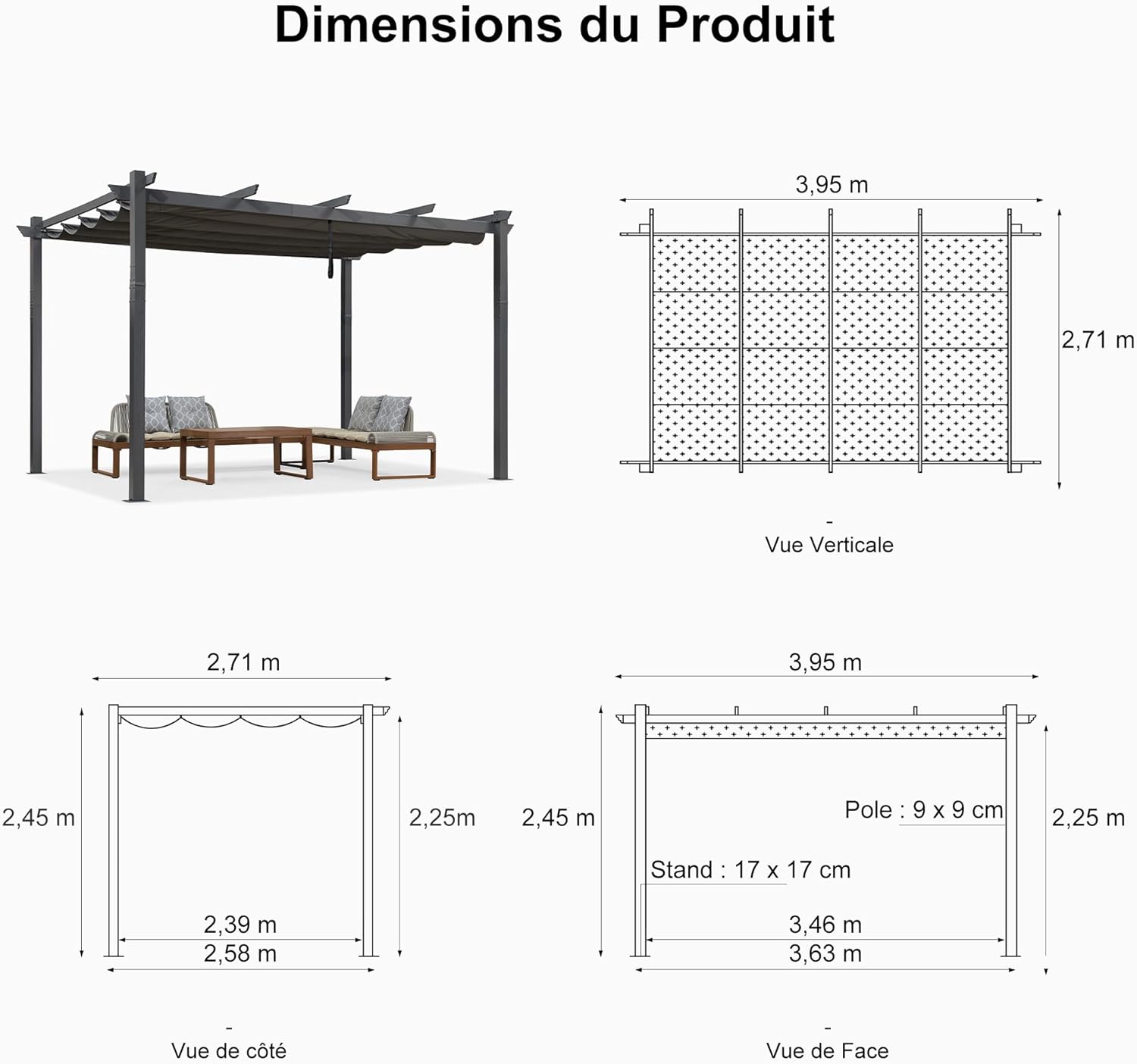 etezen - Pergola murale série aluminium 4x2,7m toit coulissant, tissu teint, gris
