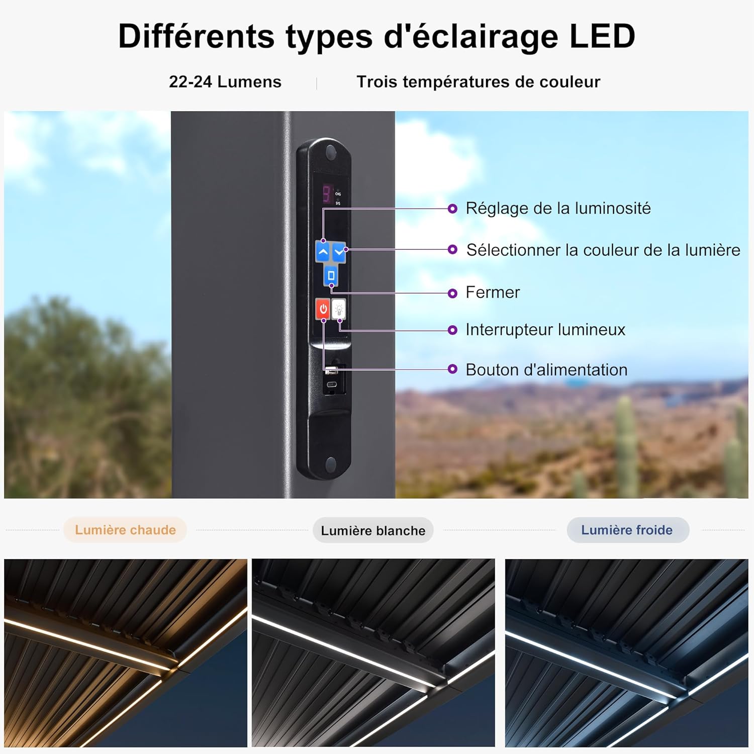 etezen - Pergola bioclimatique - 3,5x5,5m - alu, lames LED, étanche