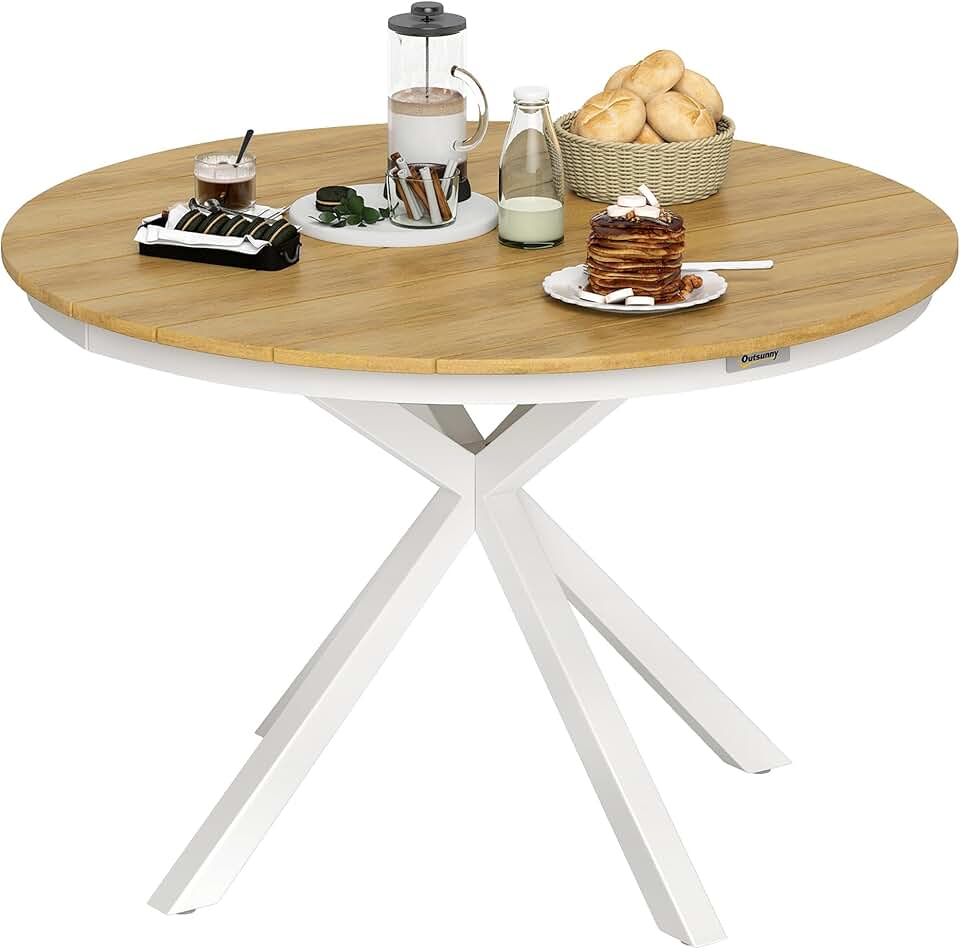 etezen - table ronde de jardin ø118 cm - aluminium, effet bois, pieds réglables
