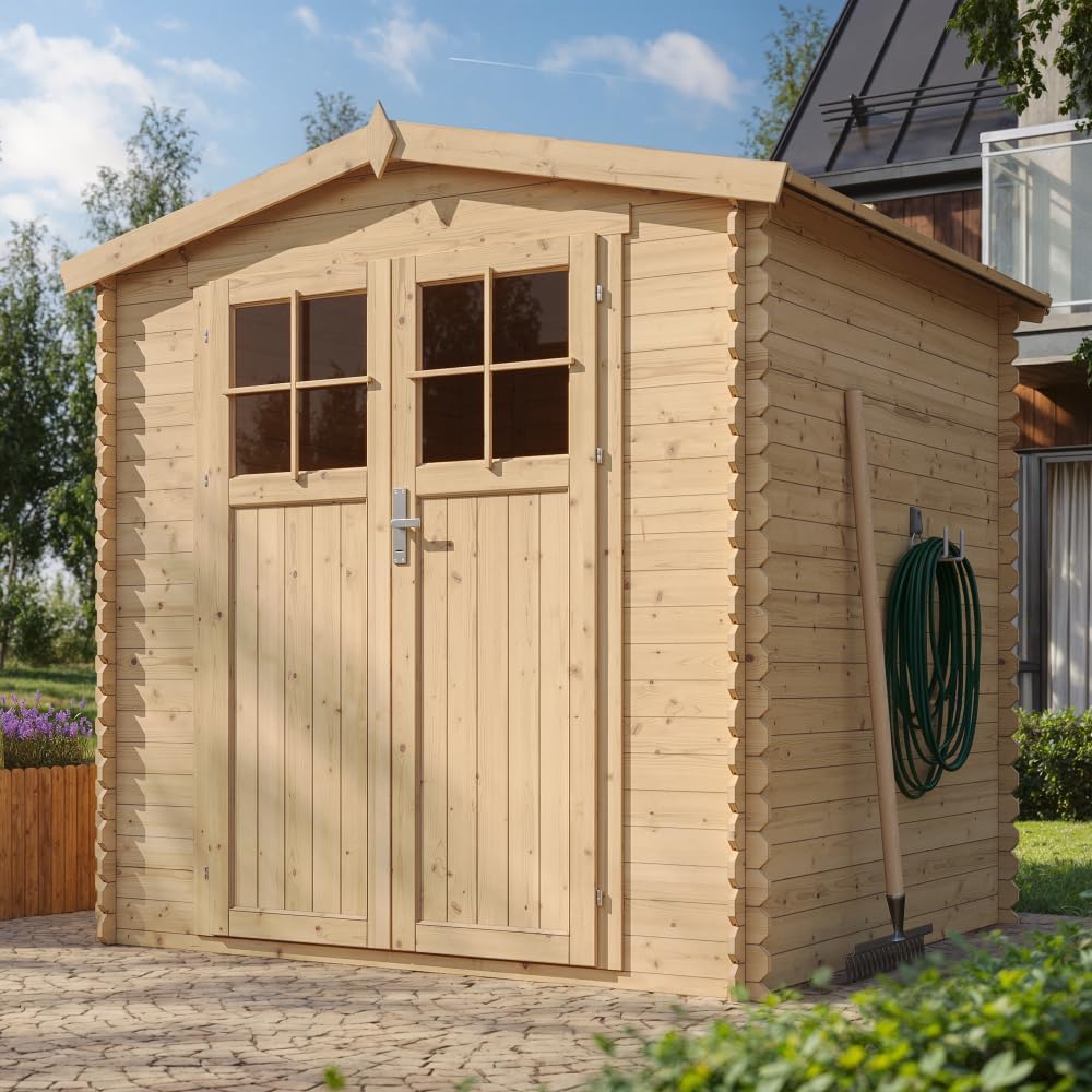 Abri de Jardin en Bois avec Sol TRAITÉ Porte verrouillable de Haute qualité - Stockage extérieur I216xL206xH218 cm/ 3.53 m2 - Toit imperméable, fenêtres etezen M343F+M343G