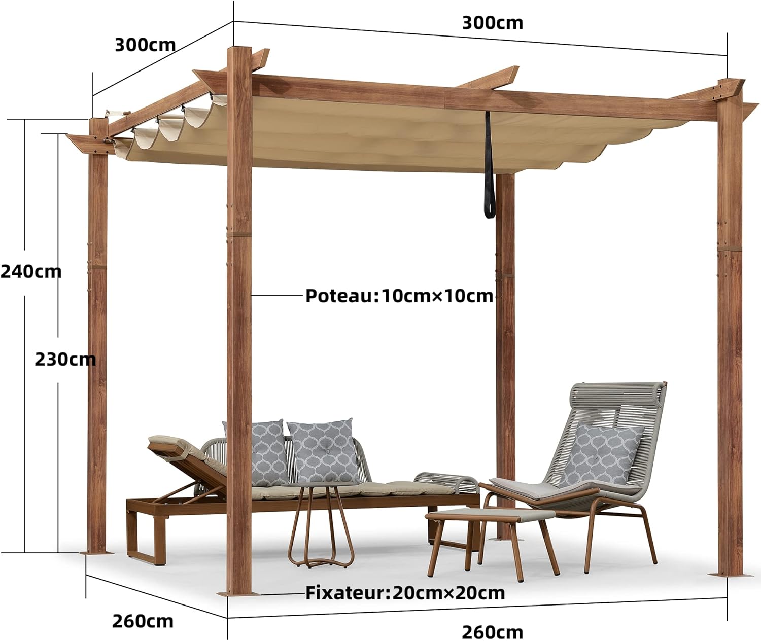 etezen - Pergola 3x3m - aluminium, éclairage, toit rétractable