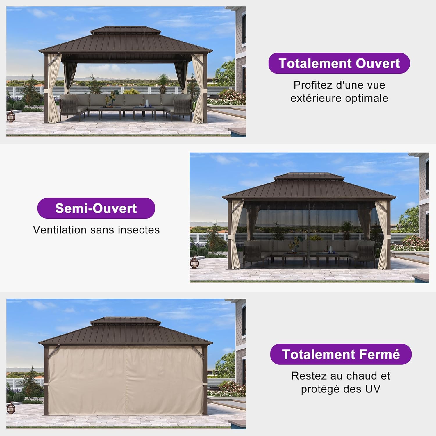 etezen - Pergola Toit Rigide - 4,85x3,65m - Aluminium, Rideaux, Guirlande