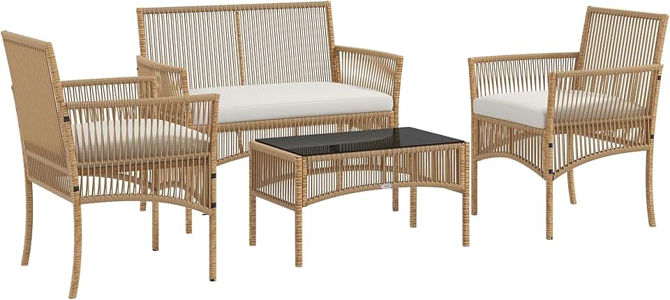 etezen - Salon de jardin 4p - métal/résine, coussins beige, table verre