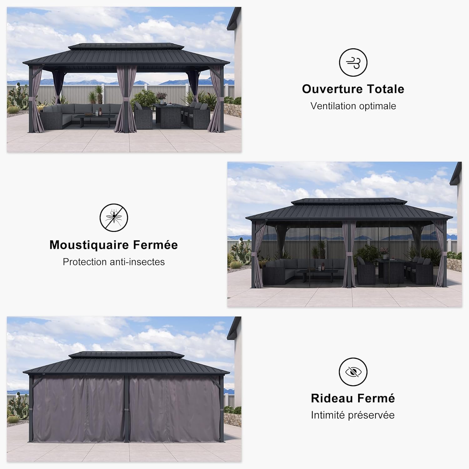 etezen - pergola double toit 6x3m, alu & acier, rideaux & moustiquaire