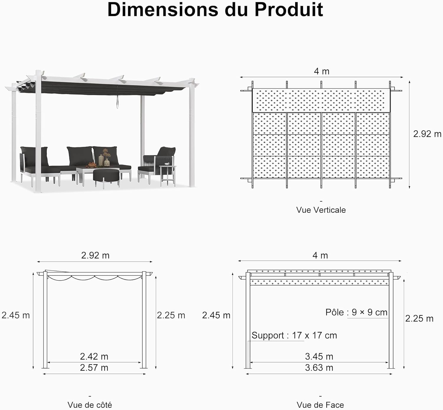 etezen - pergola aluminium série - 4x3m - toit métal blanc, toile rétractable, étanche
