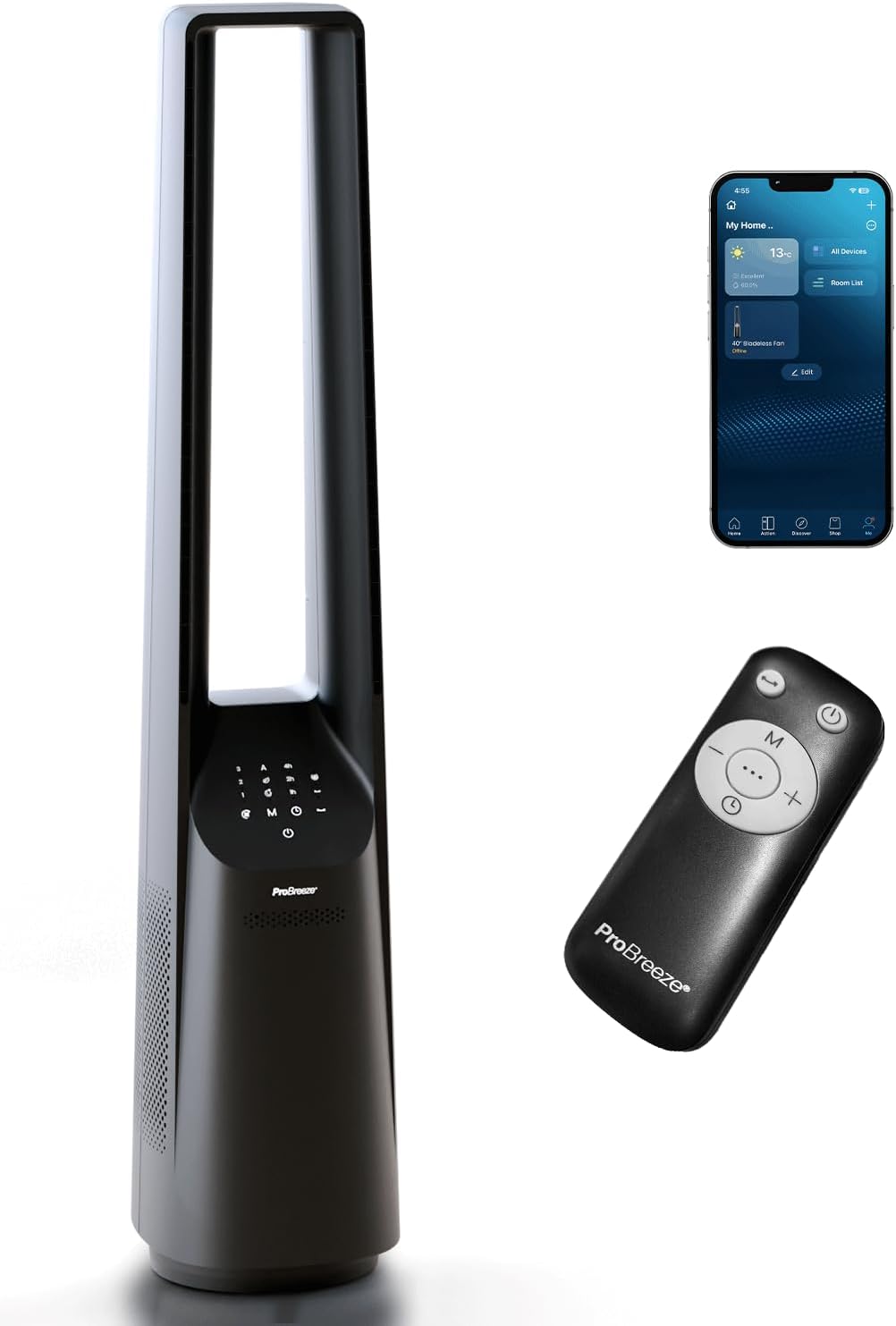 etezen - Ventilateur colonne sans pales - 101 cm - WiFi, ultra silencieux, LED, télécommande, 6 vitesses, 5 modes, o
