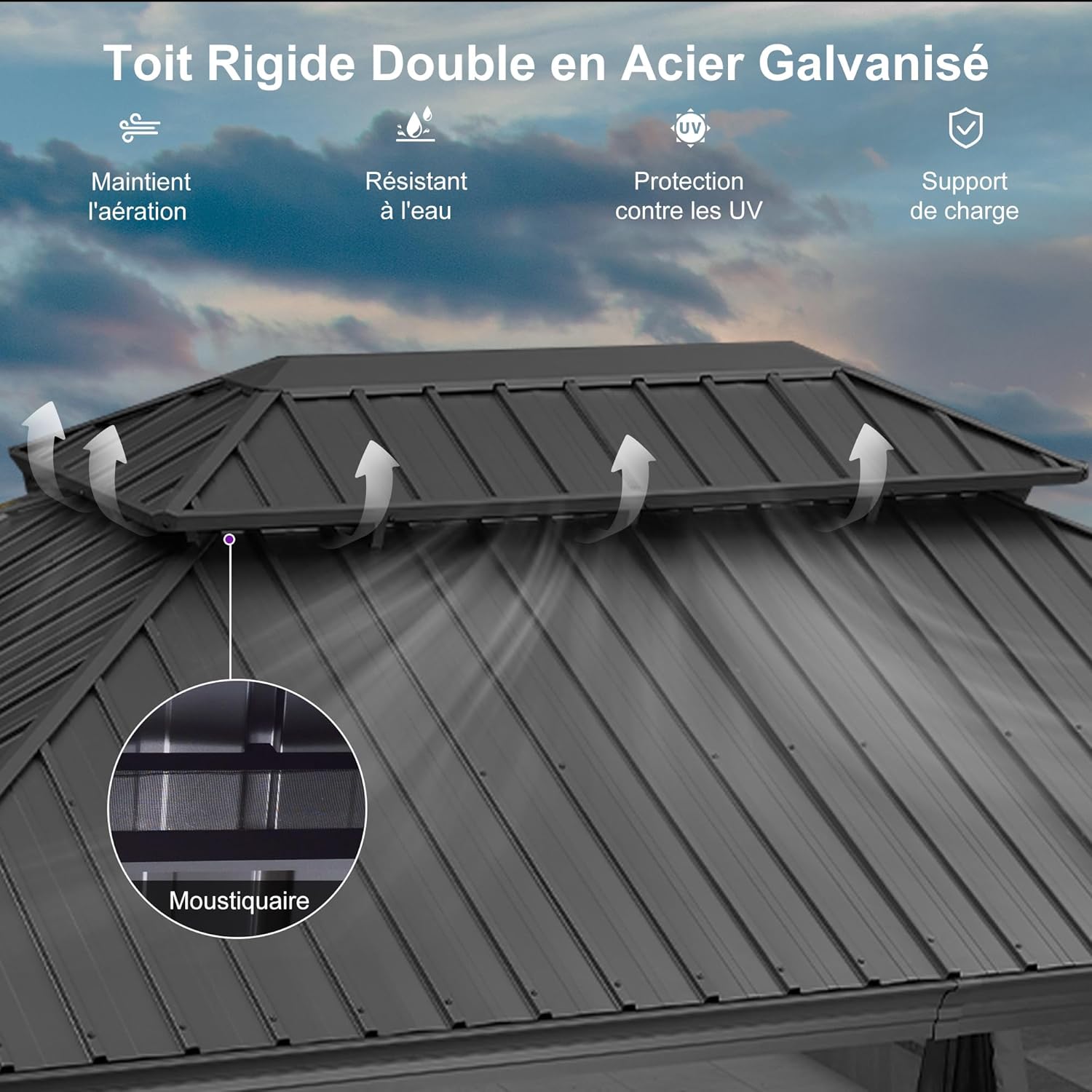 etezen - Pergola Série 6x4,25m - alu, leds, rideaux, gouttière