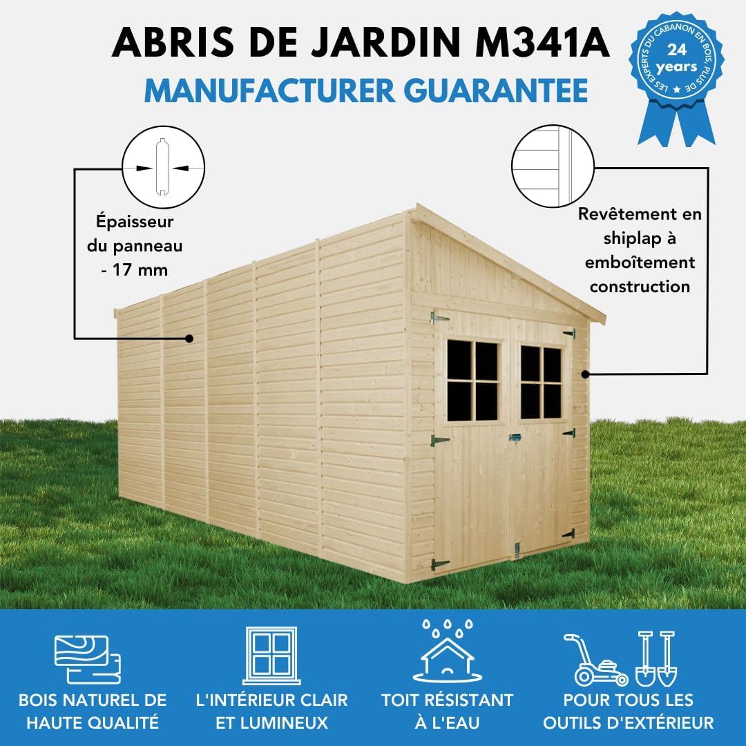 Abri de Jardin en Bois Naturel (avec paroi latérale) Plus Les PLANCHERS IMPRÉGNÉ- Stockage extérieur avec fenêtres- H244x218x514 cm/10 m2- Atelier Rangement Outils et vélos- etezen M341A+M341G