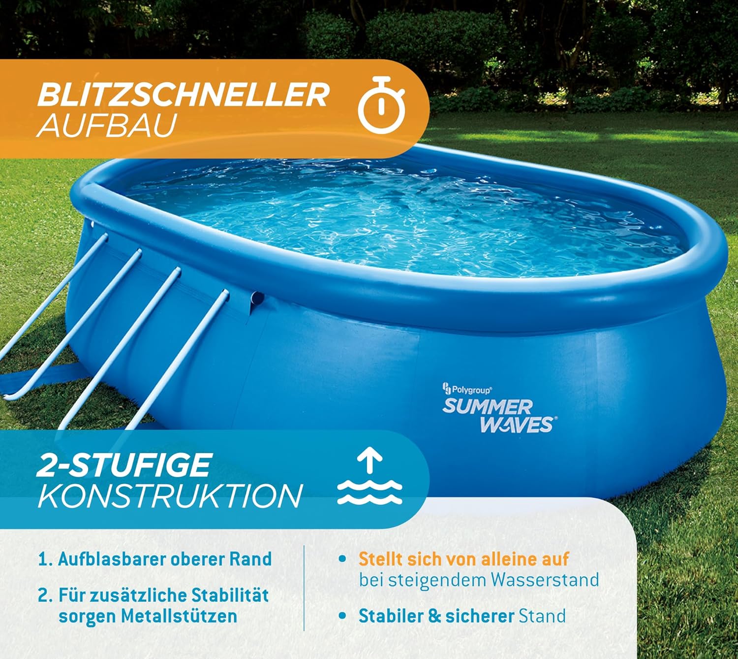 etezen Quick Up Kit complet de piscine - Ovale - 457 x 305 x 107 cm - Bleu - Piscine hors-sol et piscine avec pompe à filtre, échelle, tapis de sol et bâche