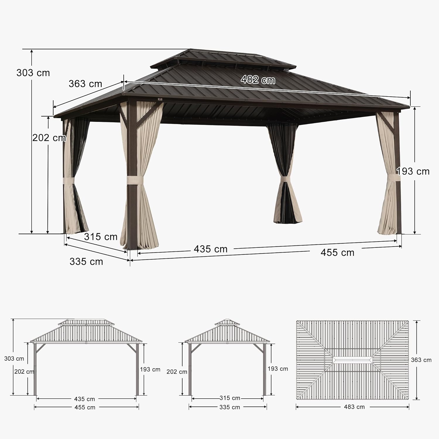etezen - Pergola Toit Rigide - 4,85x3,65m - Aluminium, Rideaux, Guirlande