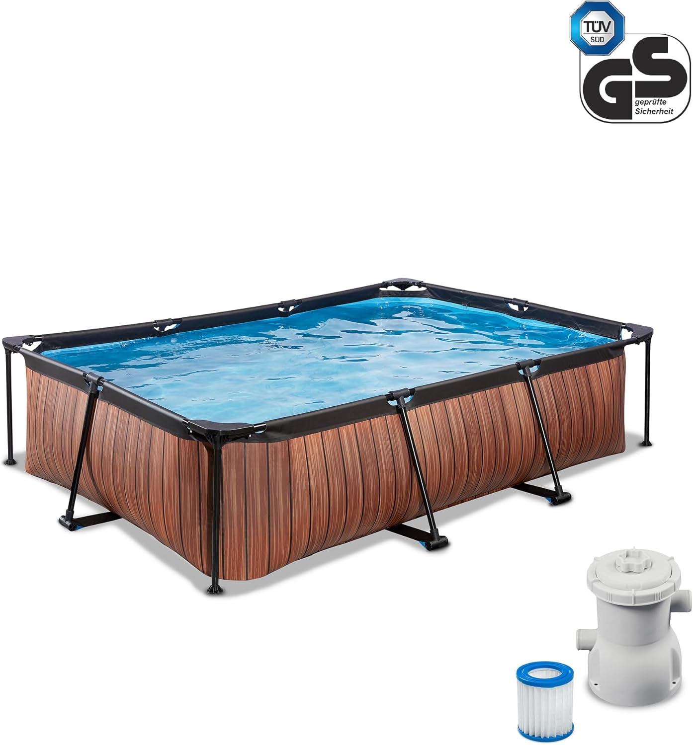 etezen Piscine en Bois - 300 x 200 x 65 cm - Rectangulaire et compacte - avec Pompe à Filtre à Cartouche - Facile d'accès - Convient pour Les Tout-Petits - Cadre Solide - Design Unique - Marron