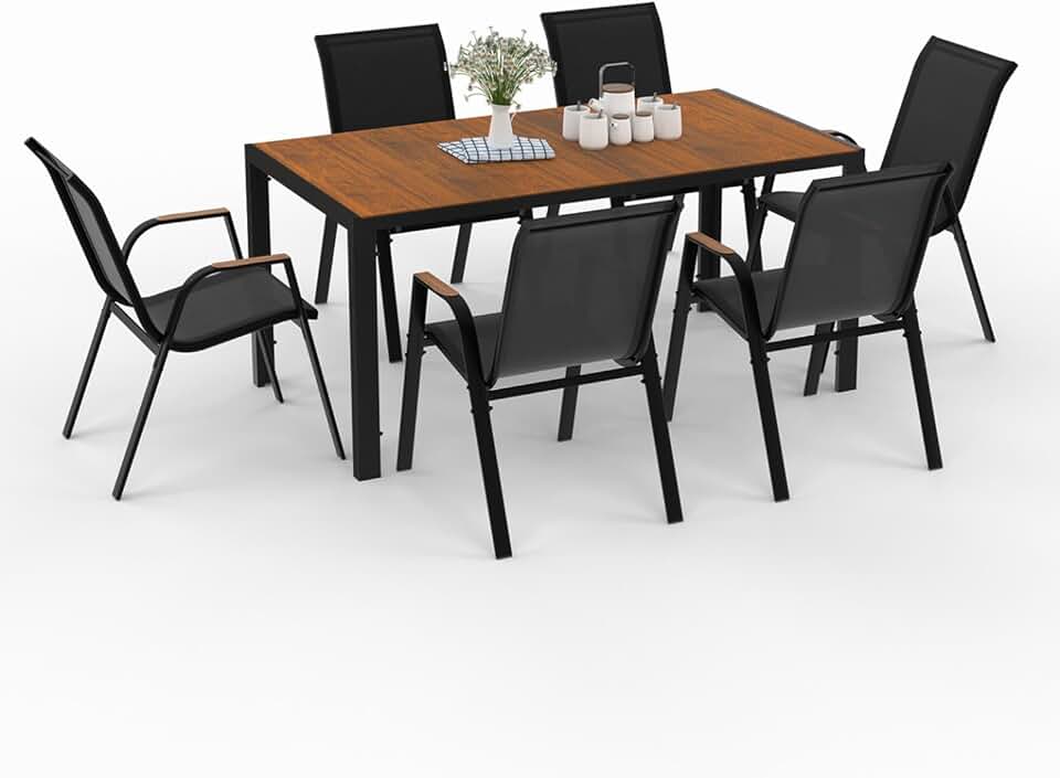 etezen - Salon de jardin NOUMEA - 150 cm - plateau verre/bois, 6 chaises