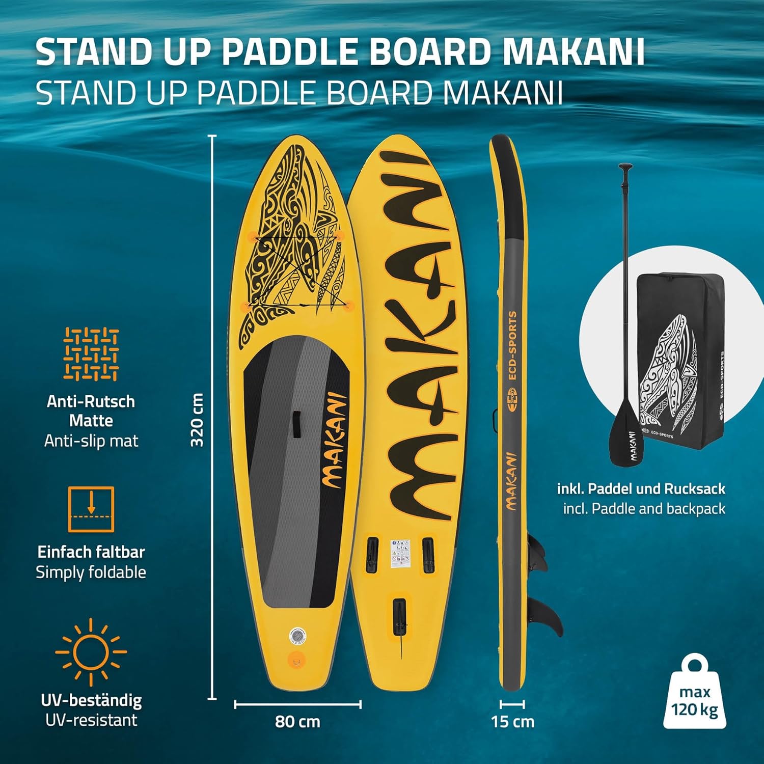 etezen - stand up paddle série gonflable - 305/308/320/380 cm - PVC, 120/150 kg, 10/15 cm épaisseur