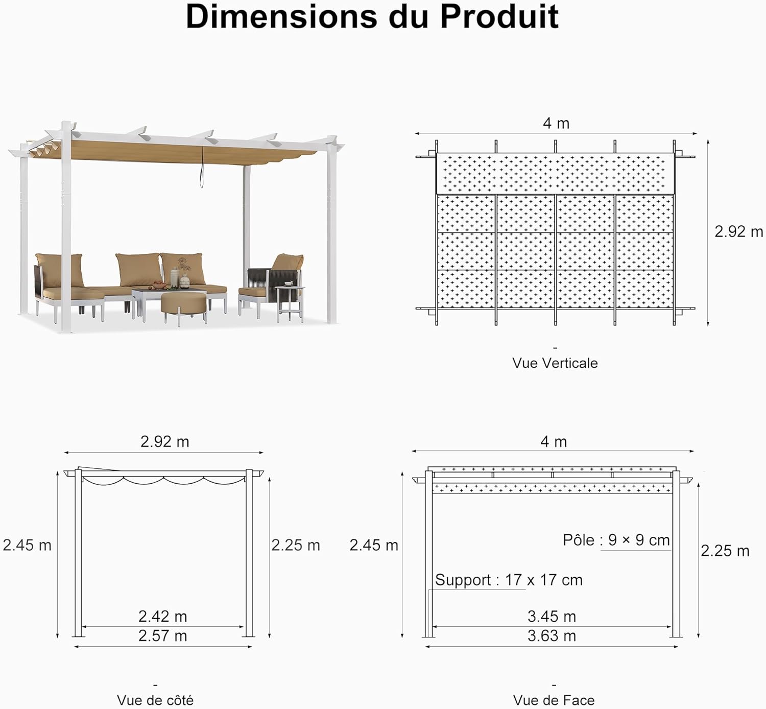 etezen - Pergola aluminium série - 4x3m - toile rétractable, autoportante, imperméable, kaki