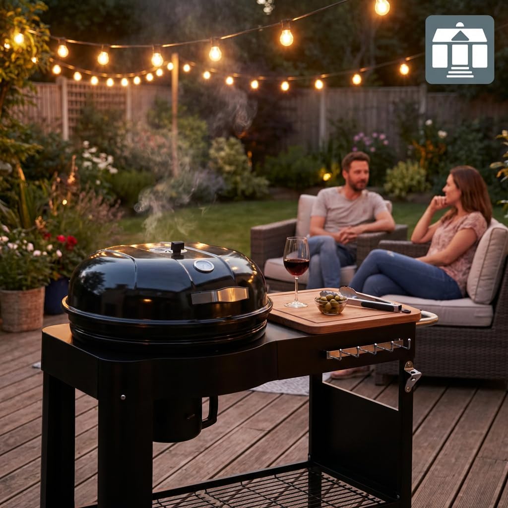 etezen - Barbecue Calgary - acier/bois - couvercle thermomètre, tablettes, 2 roues, noir