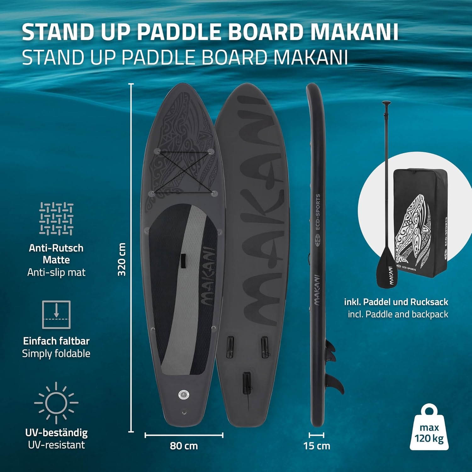 etezen - Stand Up Paddle Gonflable - 305/308/320/380 cm - PVC, 120/150 kg, épaisseur 10/15 cm