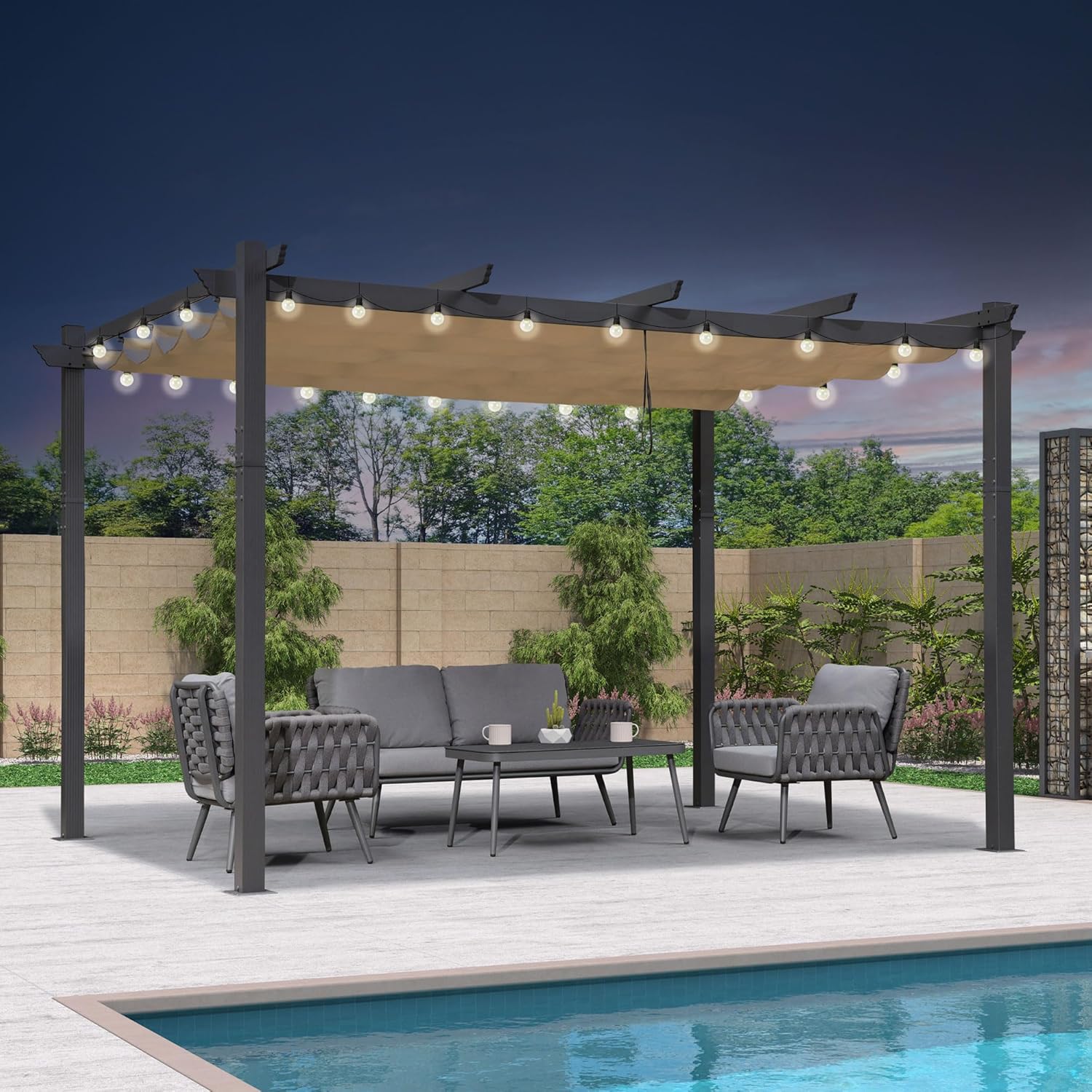 etezen - Pergola Aluminium - 4x3,2m - LED intégrée, toit rétractable, kaki