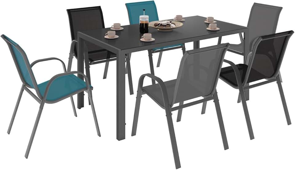 etezen - Salon Madrid - Table 150 cm, 6 chaises mix gris/noir/bleu