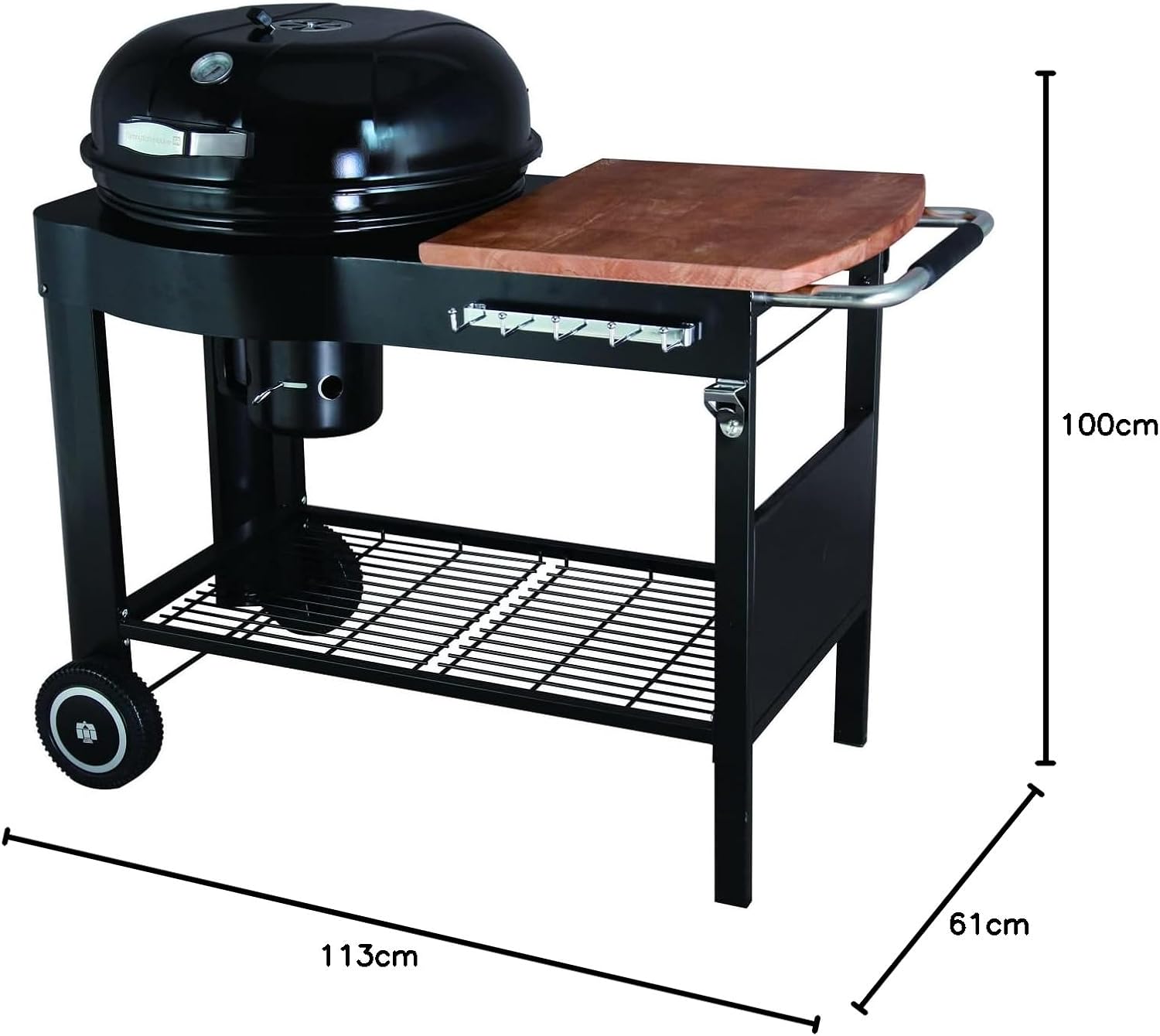 etezen - Barbecue Calgary - acier/bois - couvercle thermomètre, tablettes, 2 roues, noir