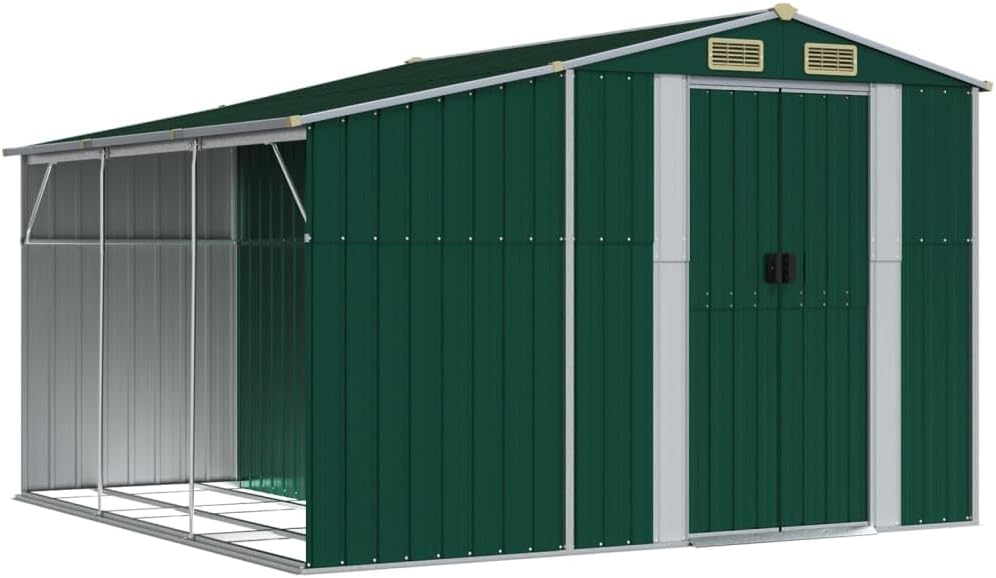 Abri de jardin en acier galvanisé - 277 x 279 x 179 cm - Vert - Avec support pour bois de chauffage et ouvertures d'aération - Pour outils de jardin - Rangement en extérieur