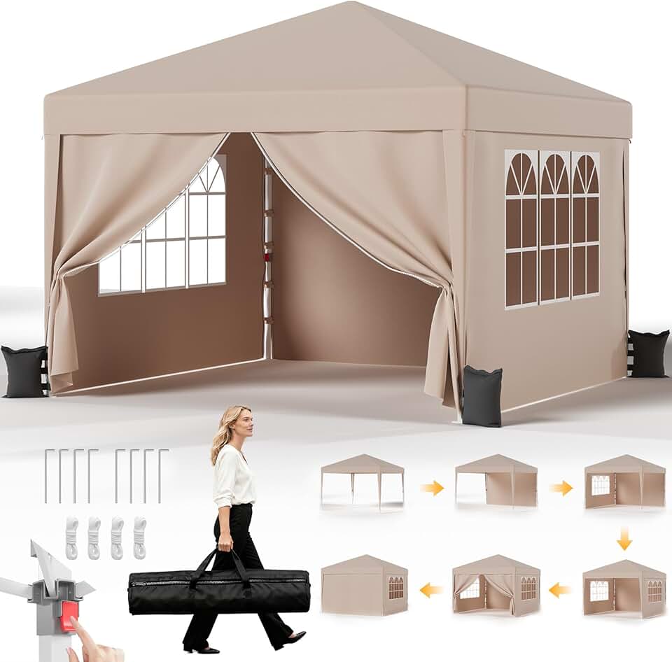 etezen Tonnelle Pliante 3x3 imperméable, Hauteur Réglable, Toile Épaisse avec Fermeture Velcro, Structure Robuste, Protection Anti-UV, Idéale pour Camping, Jardin et Plus Encore, Beige