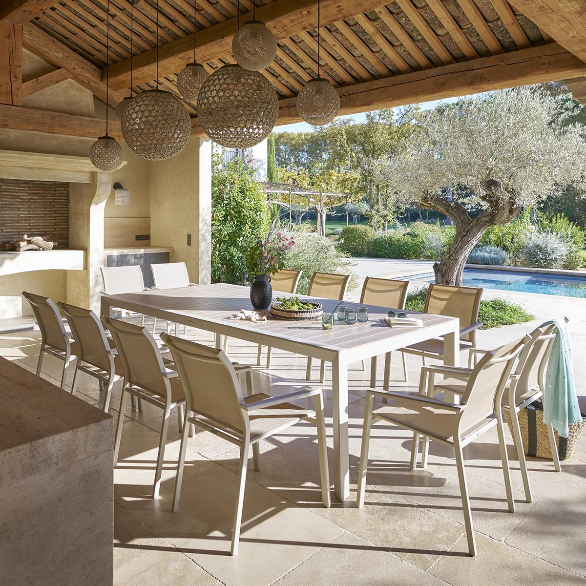 etezen - Évasion - table jardin alu 12 places effet bois lin argile