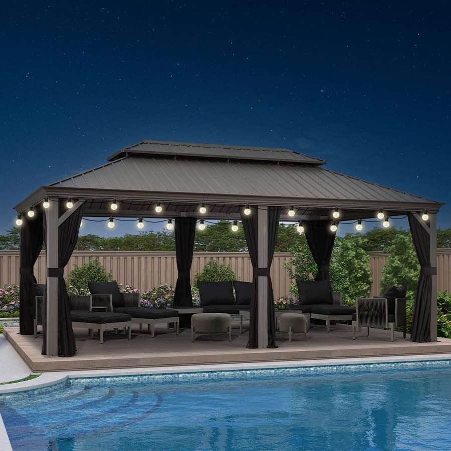 etezen - Pergola double toit aluminium 3,65x6m rideaux LED, Gris -