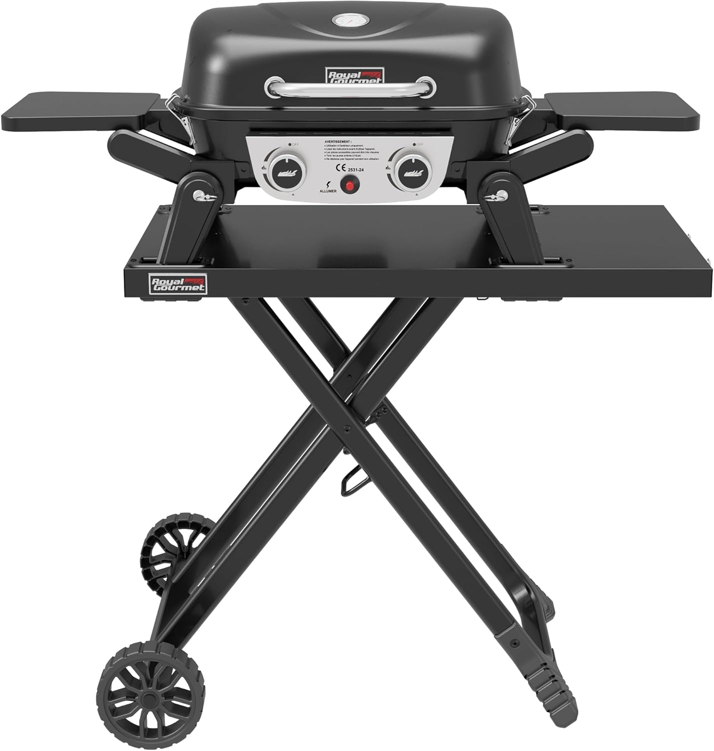 etezen - barbecue gaz portable - 48x37 cm - 2 brûleurs, tables pliantes, chariot détachable, 5kW