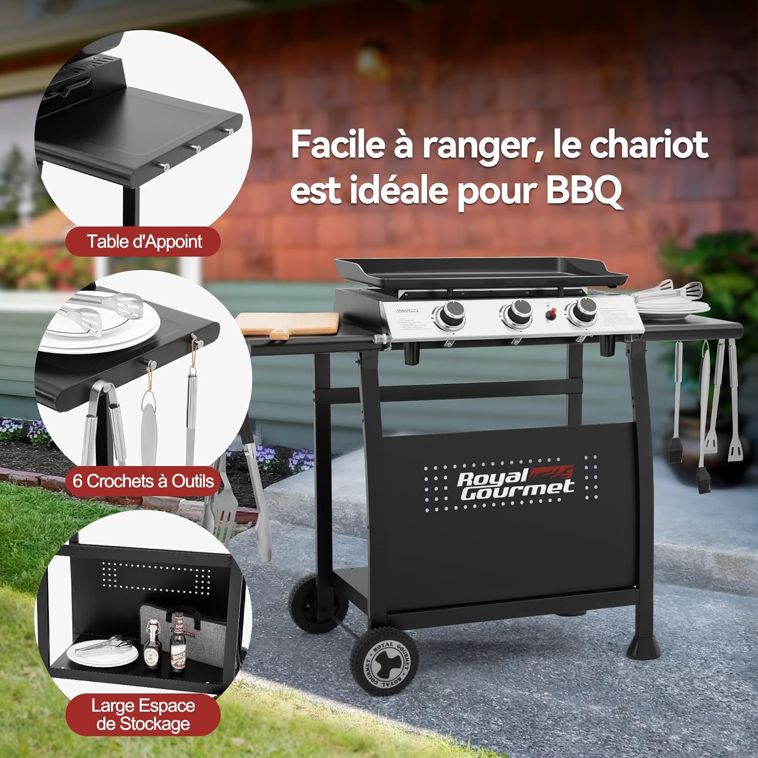 etezen - Plancha sur chariot 62x35,5cm - 3 brûleurs puissants 7,5kW