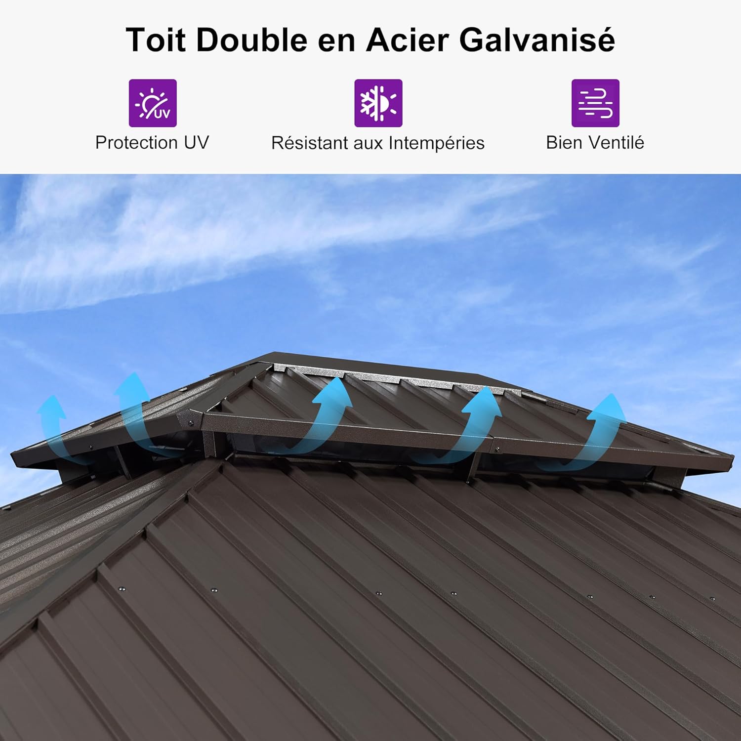 etezen - pergola double toit rigide 6x3,65m, aluminium, guirlande, rideaux