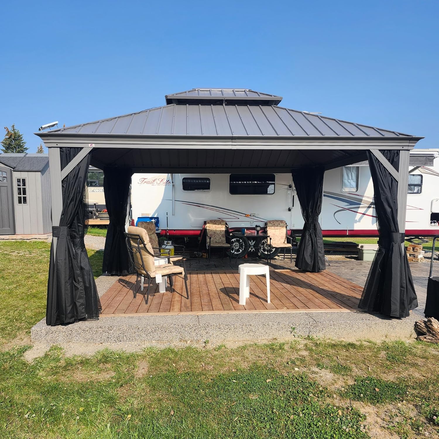 etezen - tonnelle jardin double toit - 3,65x4,25m - aluminium, moustiquaire, rideaux