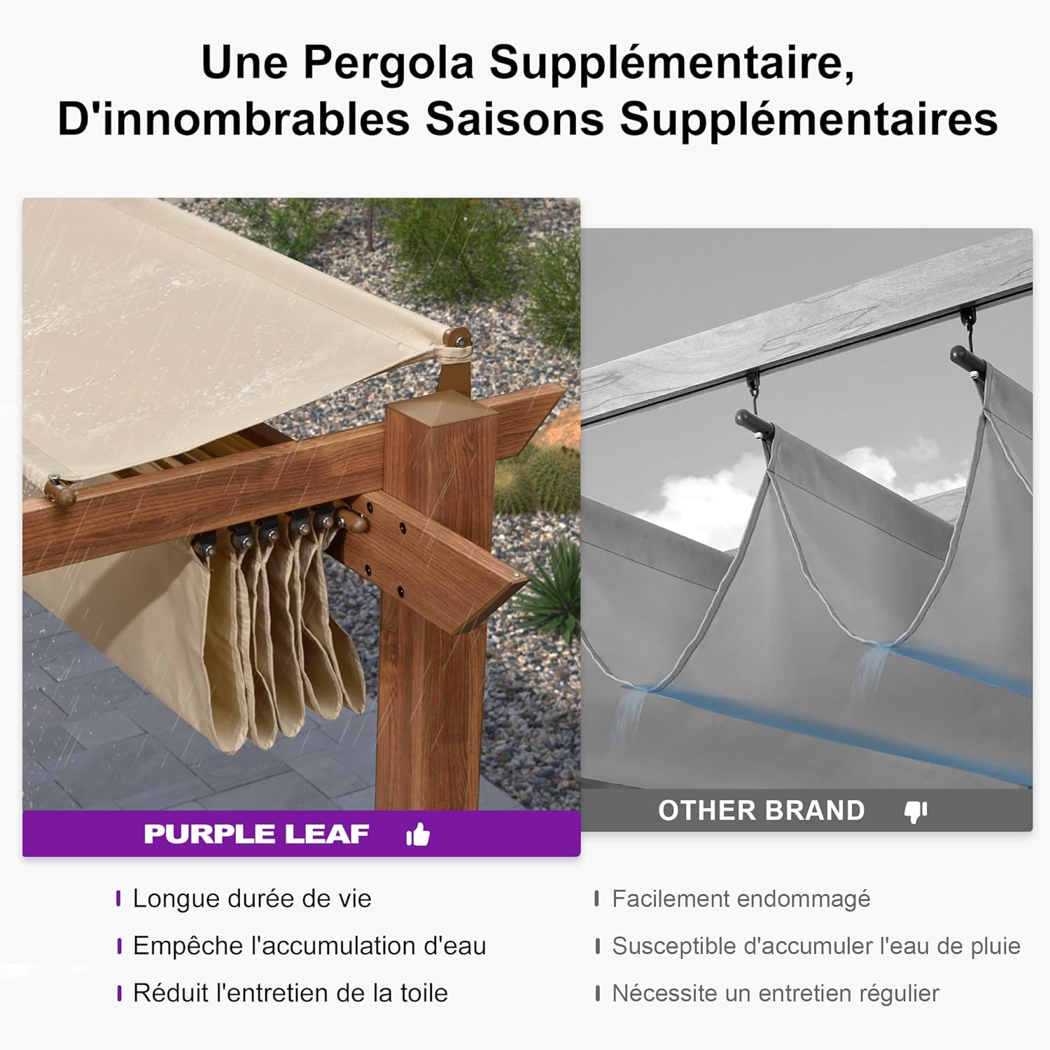 etezen - Pergola alu finition teck 4x3m - toile rétractable, rideau, kaki