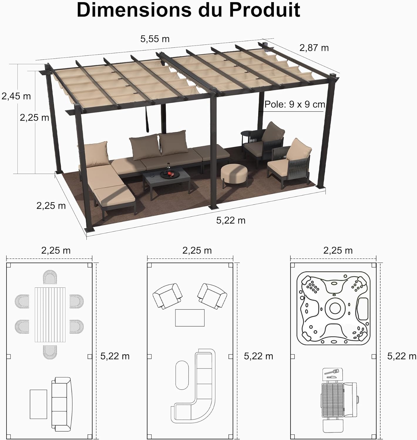 etezen - Pergola aluminium 5,5x3m toit coulissant extérieur