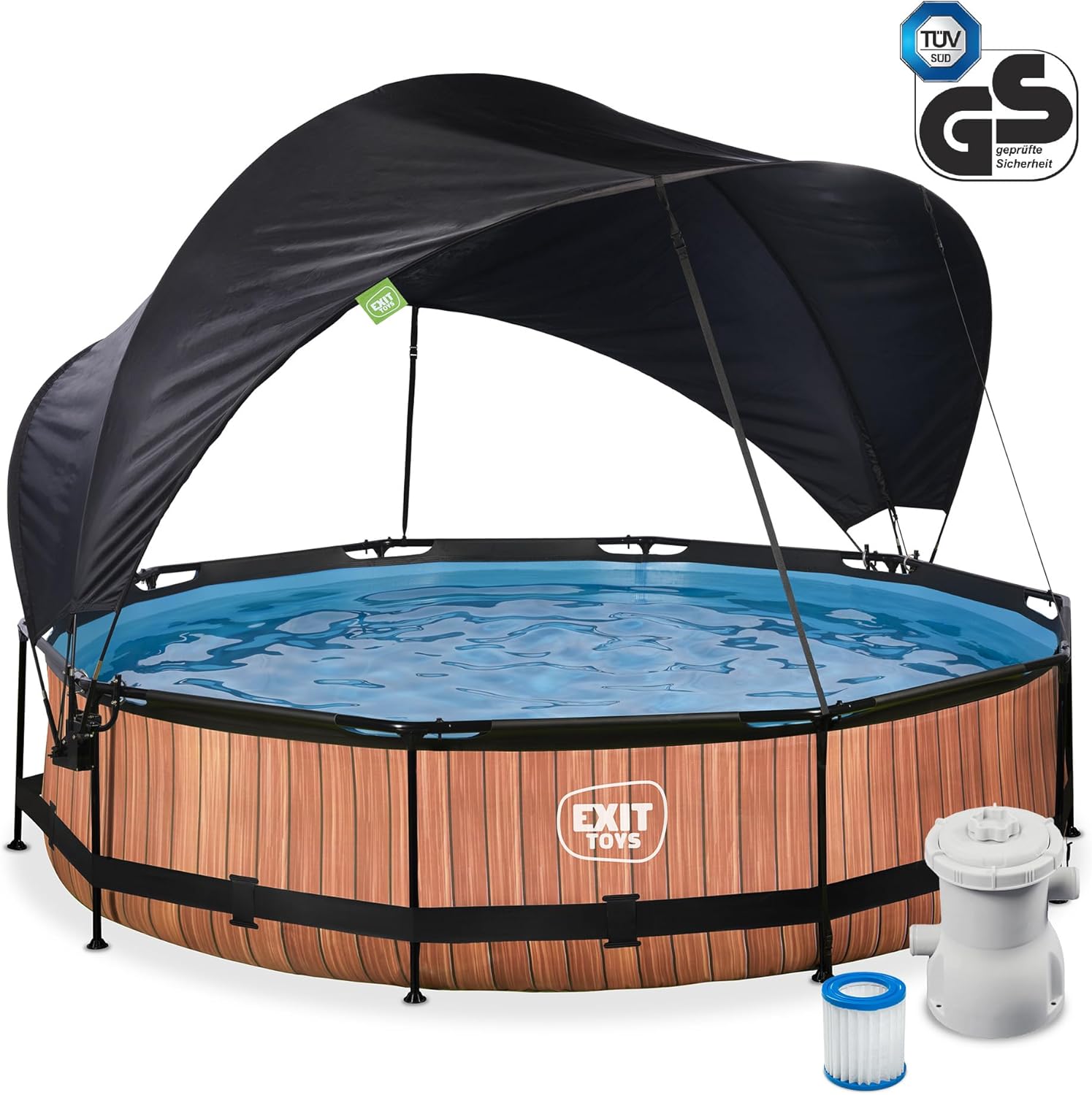 etezen Piscine Wood avec Voile d'Ombrage - ø360x76cm - Piscine Hors Sol Ronde avec Pompe Filtrante à Cartouche - Protection Optimale Contre Les Rayons UV - Entrée Basse - Design Unique - Marron