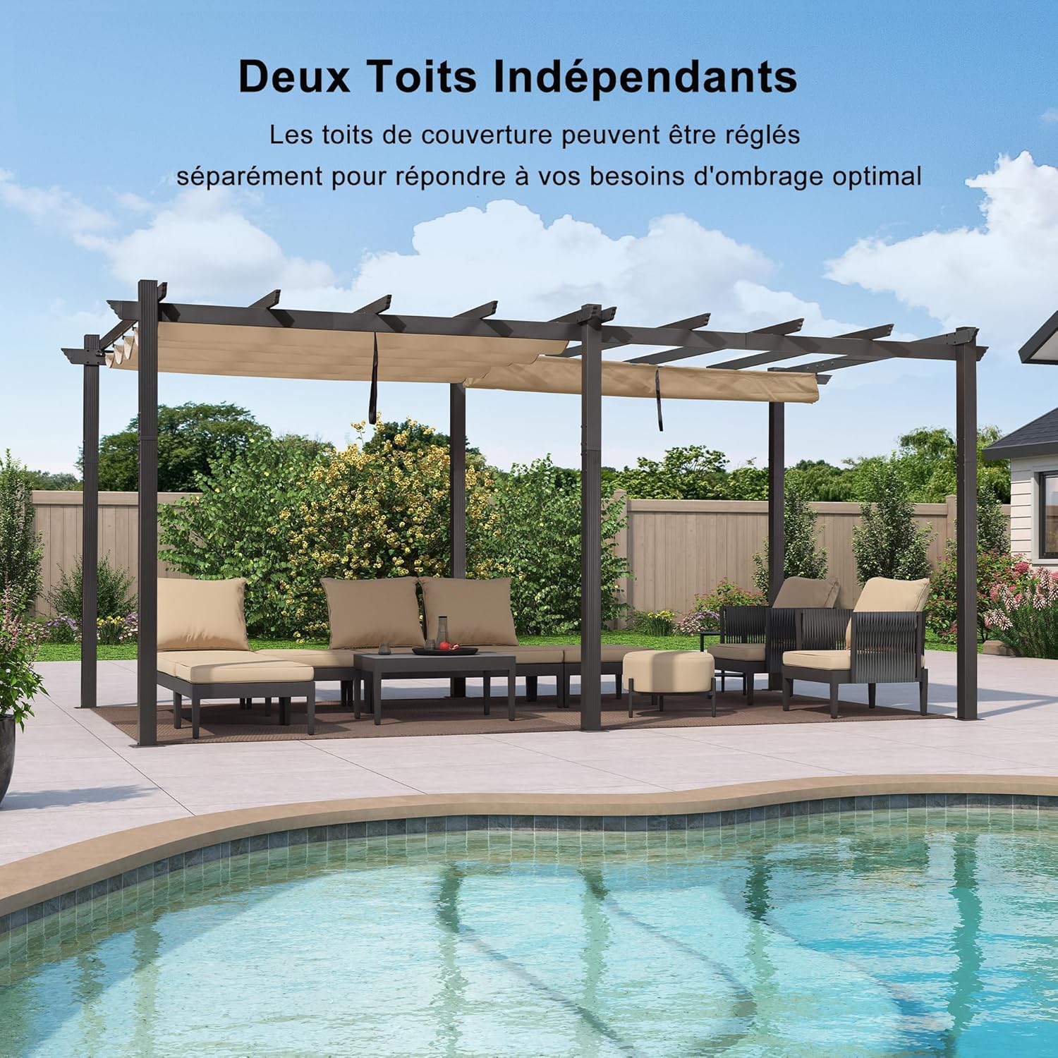 etezen - pergola aluminium 5,5x3,5m toit rétractable LED kaki