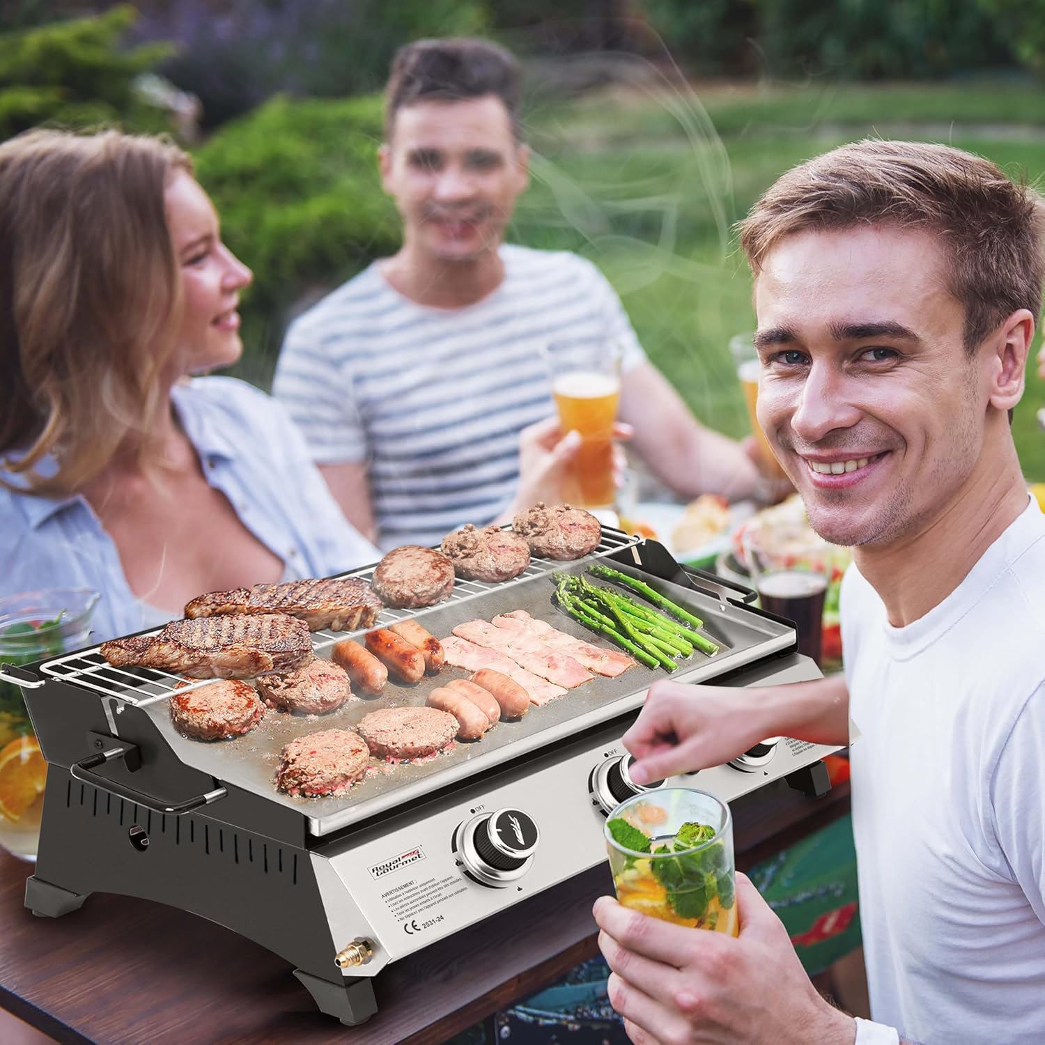 etezen - Plancha gaz inox 3 brûleurs 61,5x32cm, 7,5kW, usage extérieur