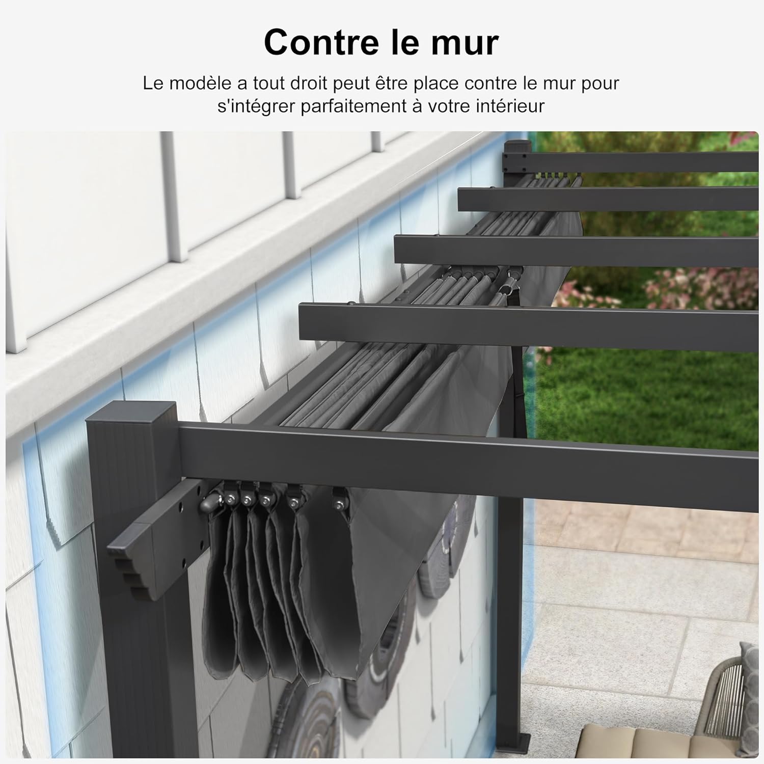 etezen - Pergola murale série aluminium 4x2,7m toit coulissant, tissu teint, gris