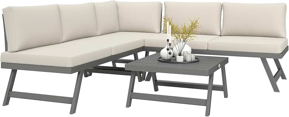 etezen - salon de jardin d'angle convertible 4 pcs - alu et acier, coussins, beige