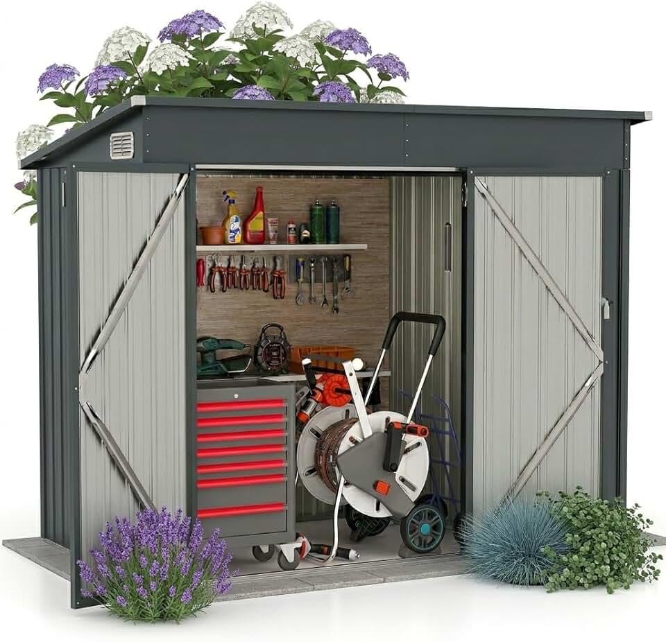etezen - abri de jardin métal - 238x119x187cm - porte, aérations, toit pente, gris