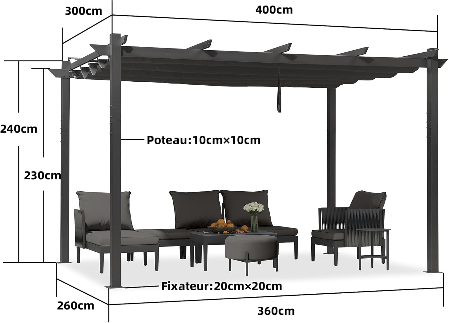 etezen – pergola aluminium – 4x3m – toit rétractable, éclairage intégré