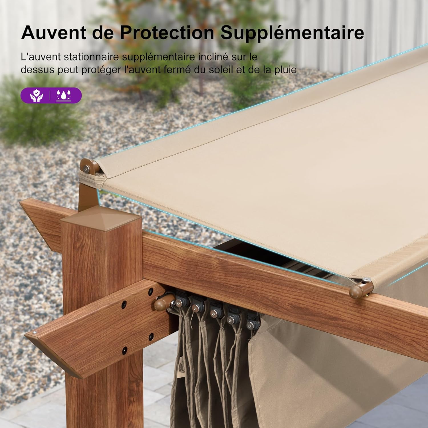 etezen - pergola aluminium - 3x3m - teck, toile rétractable, kaki