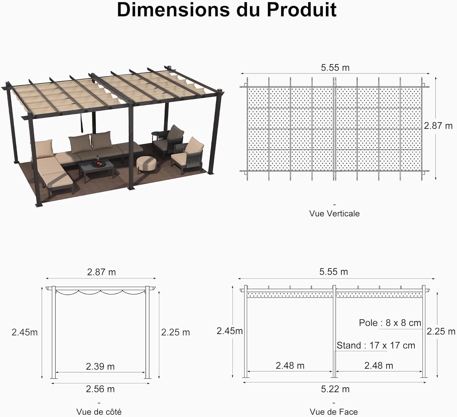 etezen - Pergola alu 5,5x3m, toit rétractable LED, kaki