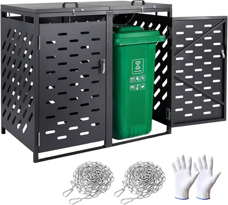 etezen Abri pour poubelles, 2 x 240 L, Rangement pour poubelles Horizontal, avec Couvercle à chaîne, boîte de Rangement à poubelles d'extérieur, étanche et verrouillable, pour Jardin, Cour et terrasse