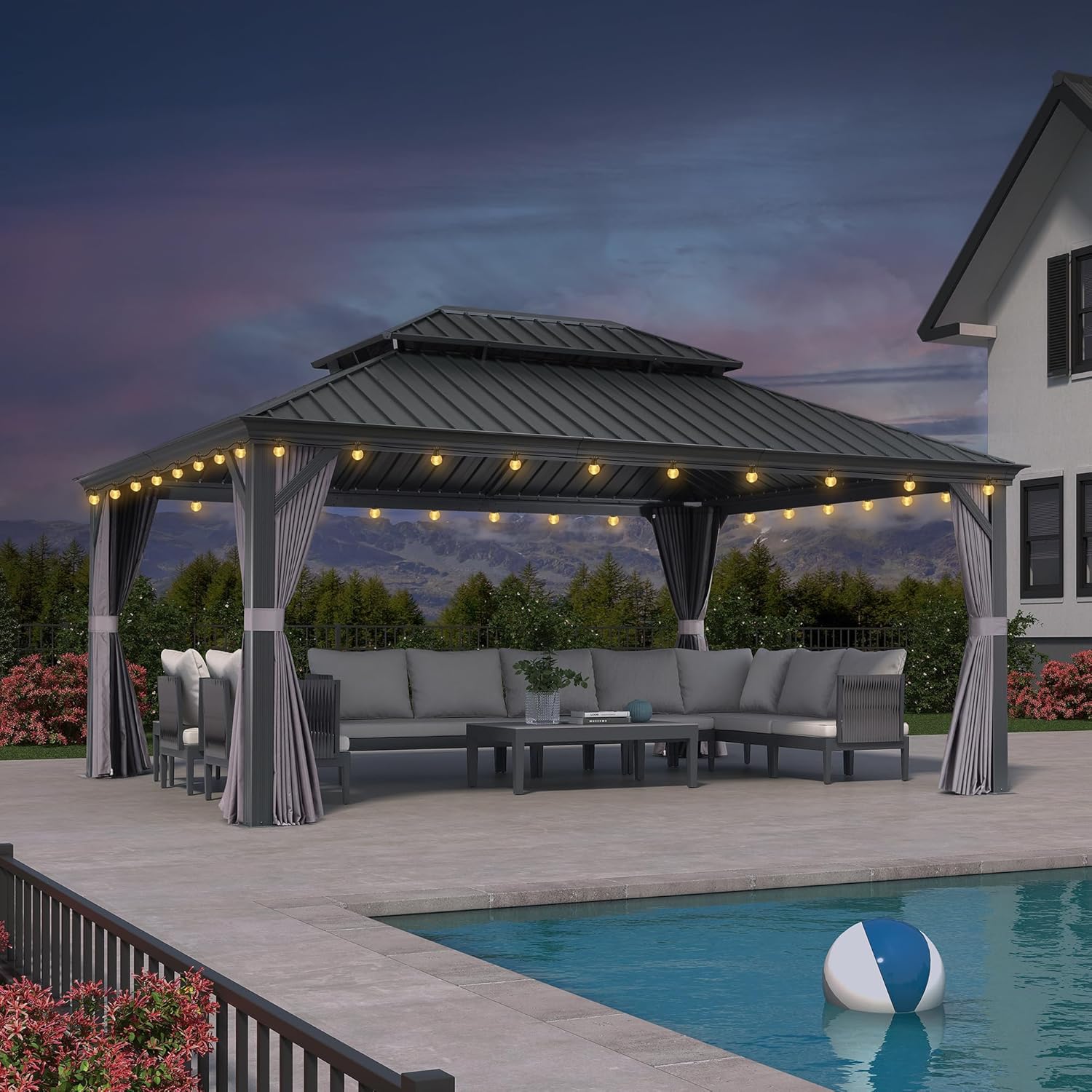 etezen - pergola éclairée 5,2x4m, aluminium, rideaux, gouttière, gris